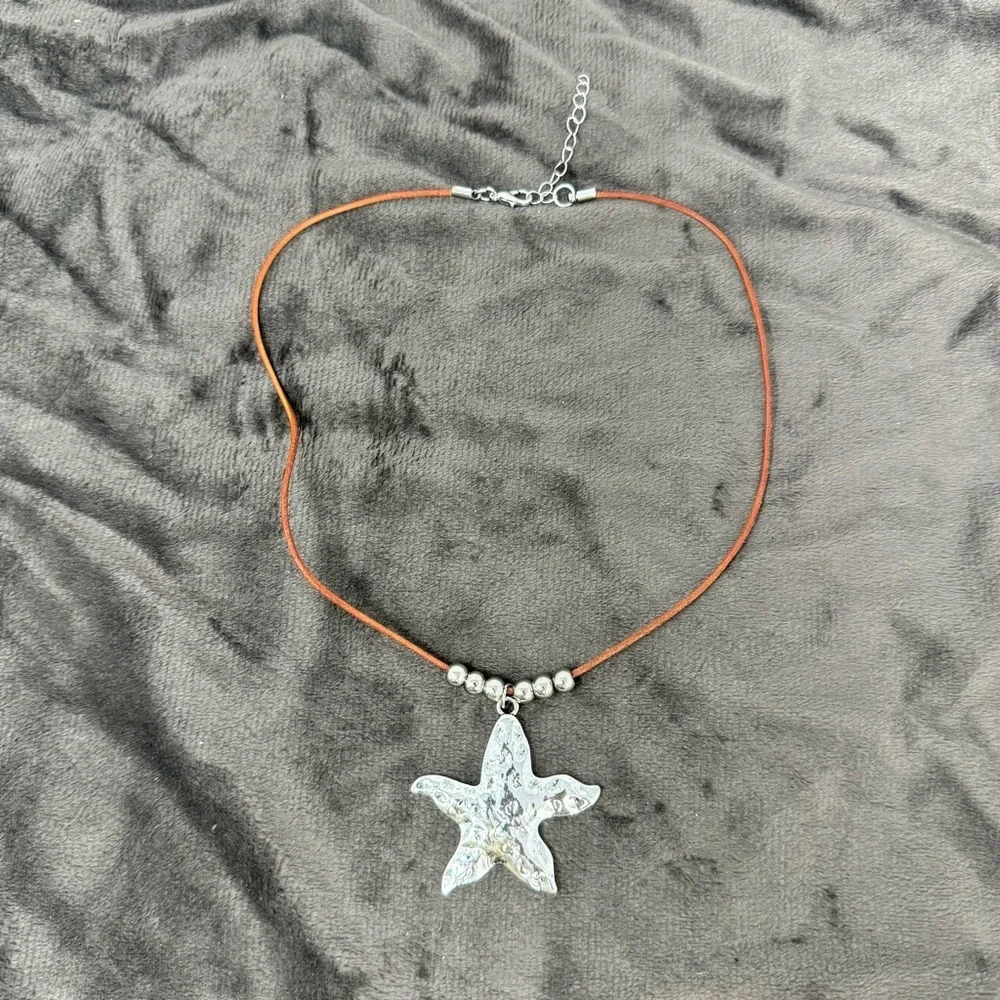 Petit Moments Cord Beaded Necklace with Hammered Starfish Pendant In Silver